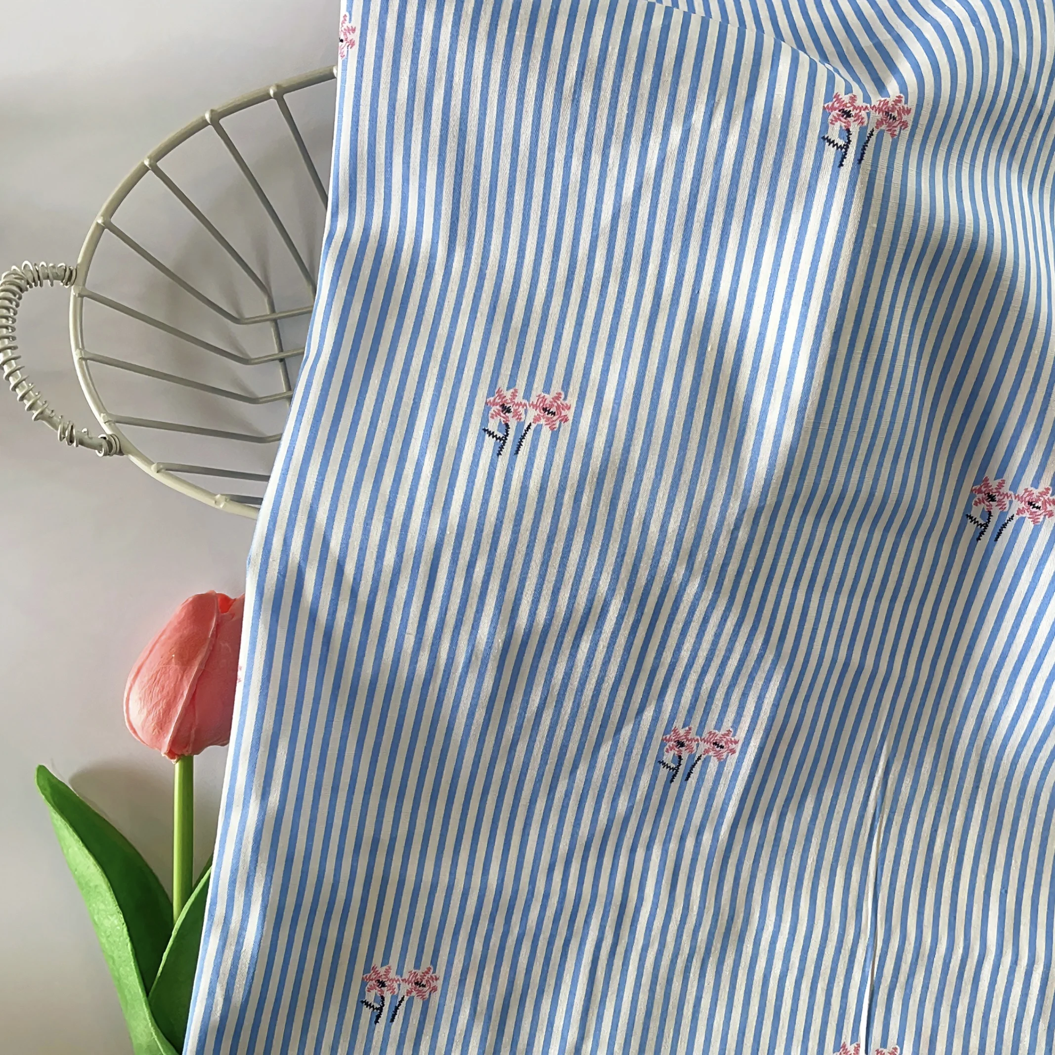 

Blue White Stripe Cotton Fabric with Pink Floral Embroidery, Soft Cotton Striped Cloth for Sewing Shirts Dresses Home Decor DIY