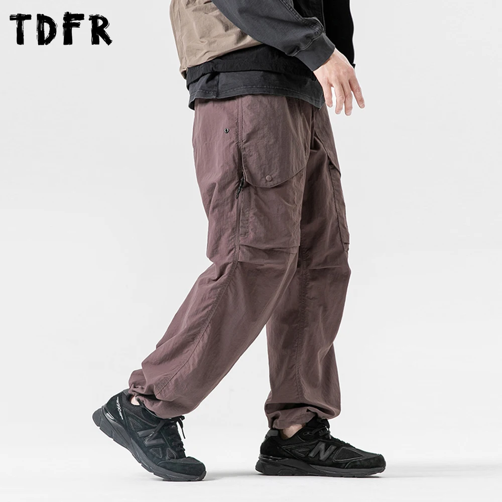 Solid Color Fleece Cargo Joggers Pants Mens Pocket  Autumn Winter Retro Safari Style Elastic Waist Loose Wide Leg Trousers Men