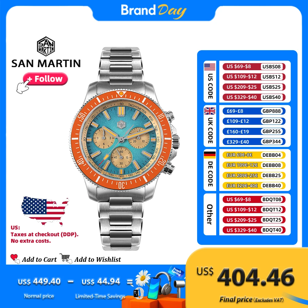 

San Martin 40 мм дайверский хронограф автоматические часы для мужчин китайский павлин SL-4801 сапфировый светящийся водостойкий 20 бар SN0118G-JS