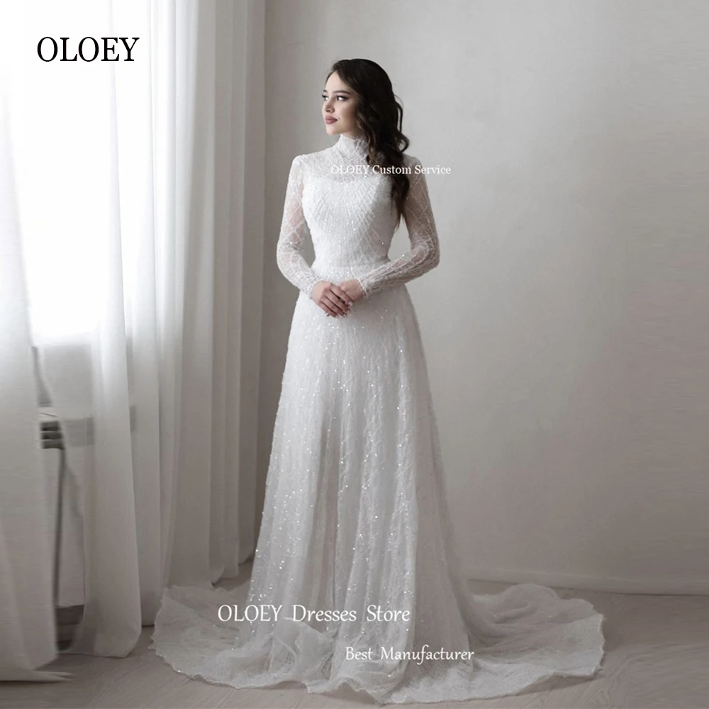 OLOEY Modest Shiny Full Lace Glitter A Line Wedding Dresses Muslim Dubai Arabic Long Sleeves High Neck Sparkly Bridal Gowns