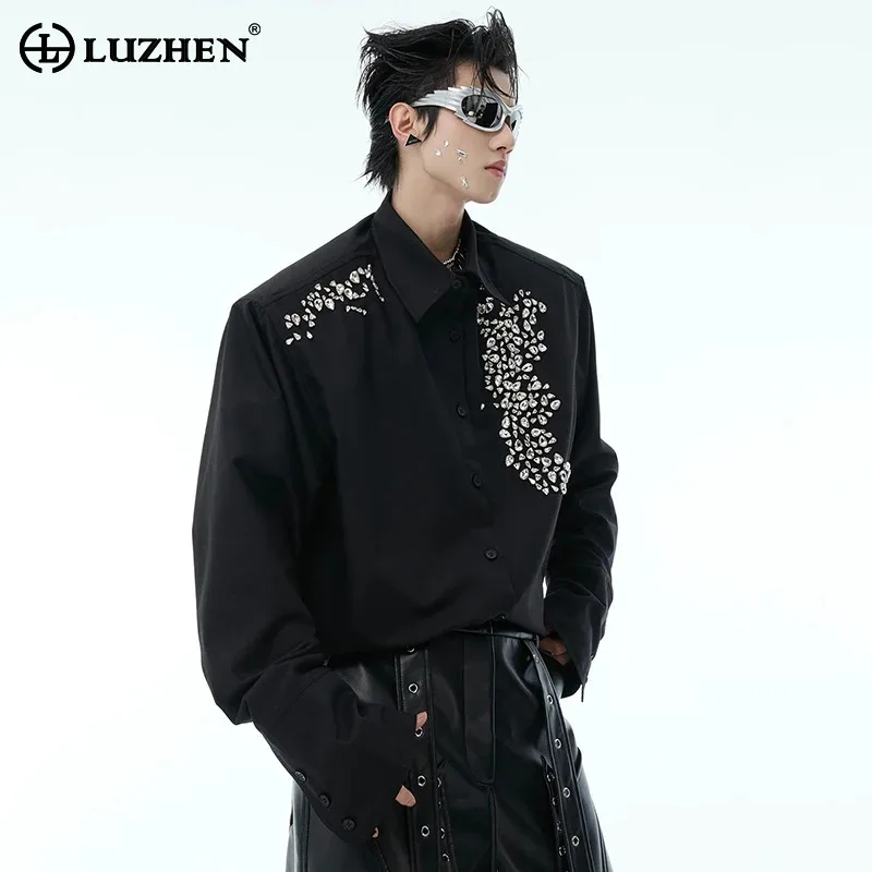 LUZHEN Spring New Original Diamond Decorate Patchwork Design 2026 Long Sleeve Shirts Men's Fashion Loose Solid Color Tops JY5944