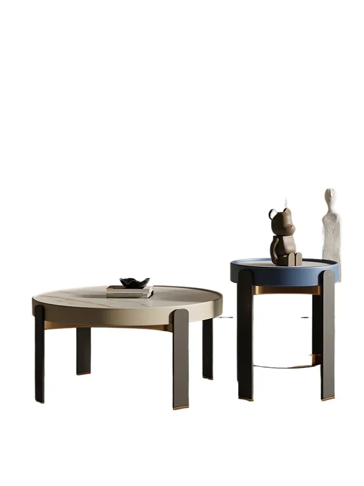 Rock slab round coffee table living room home light luxury modern simple saddle leather combination coffee table