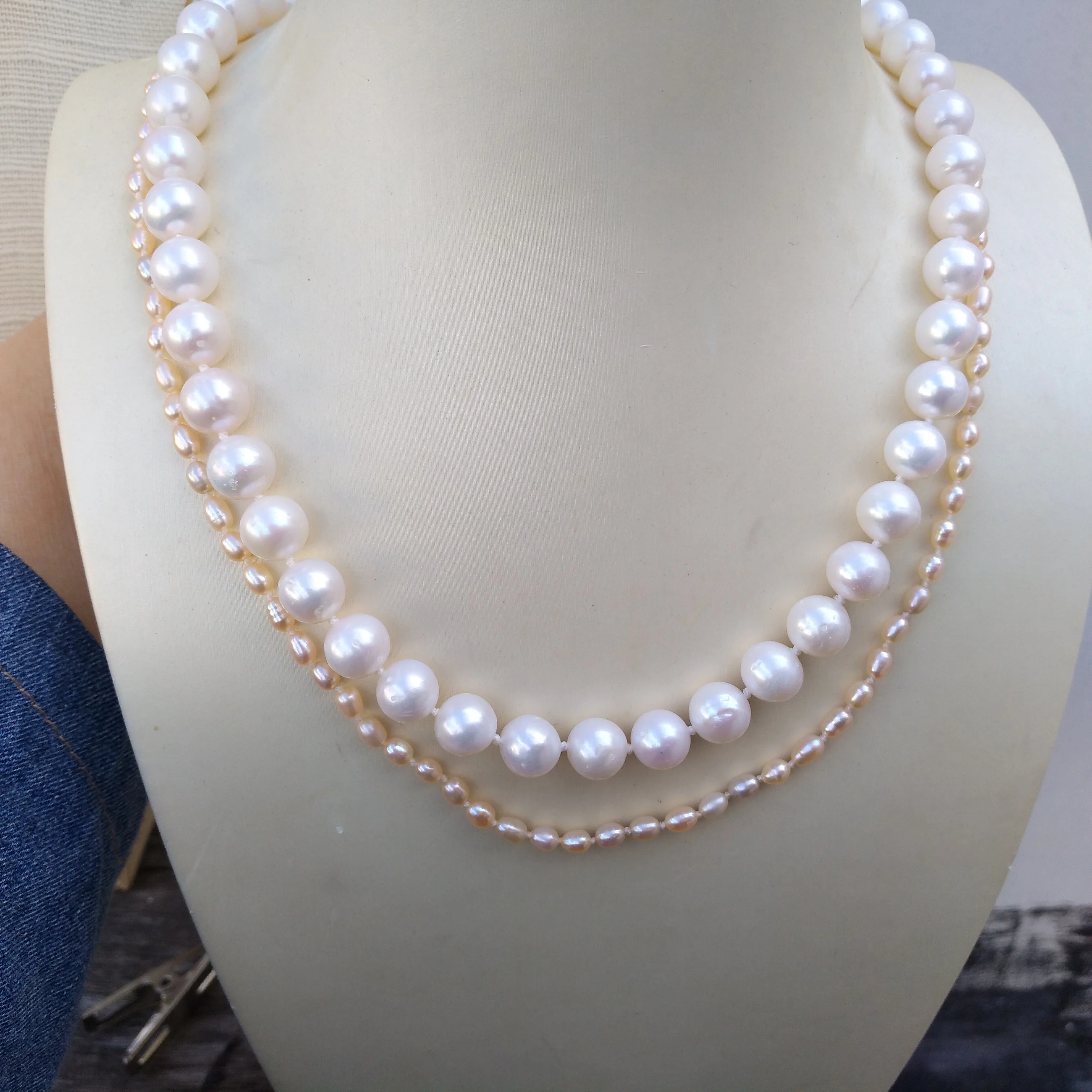 DOUBLE STRANDS AAA 3-8mm AAA+ South Sea White Pearl Necklace 45cm Hand knotted