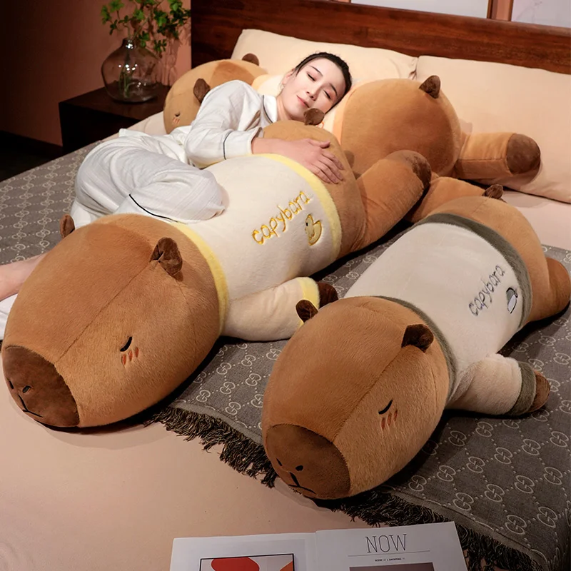 100cm Cute Giant Cartoon Capybara Plush Doll Throw Pillow Wear T-shirt Lying Capybara Plush Toy Home Decor Soft Hug Best Gift