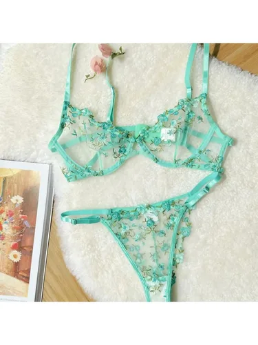 Imagen 1 del producto YUQI-Lencería de lujo de estilo francés, conjunto de sujetador transparente negro con bordado Floral, ropa interior transparente elegante íntima Sensual para mujer