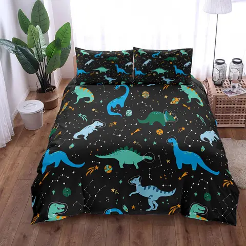 Dinosaur Space Night Duvet Cover Set King Queen Double Full Twin Single Size Navy Bed Linen Set