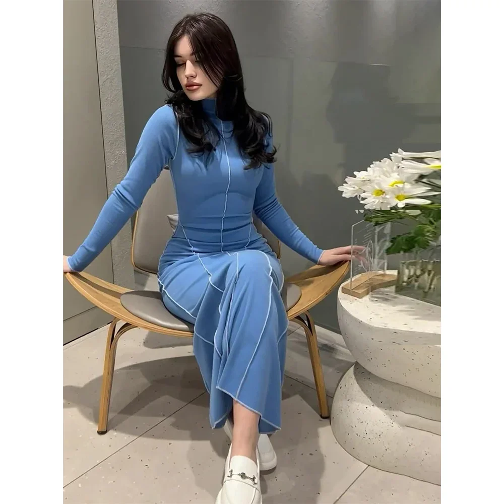 Casual Long Sleeve Slim Bodycon Dress Ladies Casual Elegant Shirt Dresses Bright Line Decoration Long A-Dress Outfits