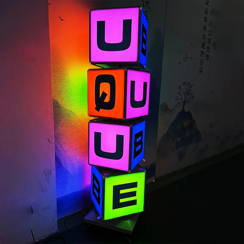 LED rotating lightbox advertising display stands are square rotating cubes with vertical designs on all four sides
