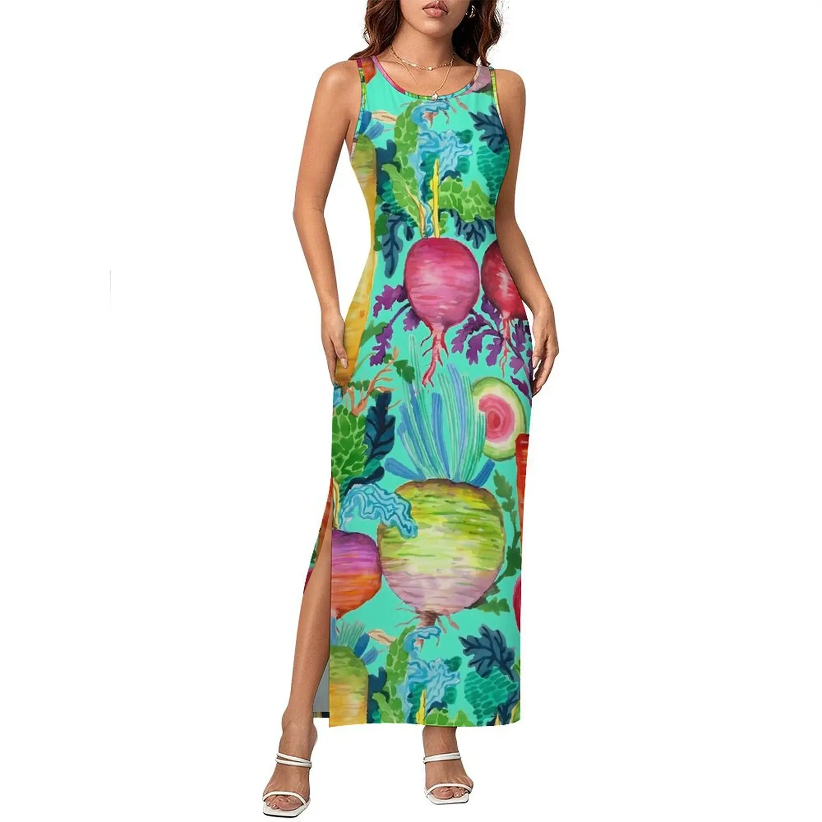 Colorful Radishes Bodycon Dress Holiday Carrots Print Vintage Maxi Dresses Woman Sleeveless Fashion Dress Big Size 3XL 4XL