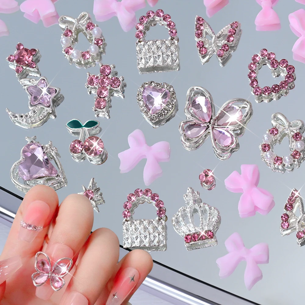 58/60 pz Mix Rosa Strass Farfalla/Croce/Cheria/Cuore Strass Per Unghie Carino Arco In Resina Pendenti E Ciondoli Per Unghie di Lusso Pendenti E Ciondoli Per Unghie Decor