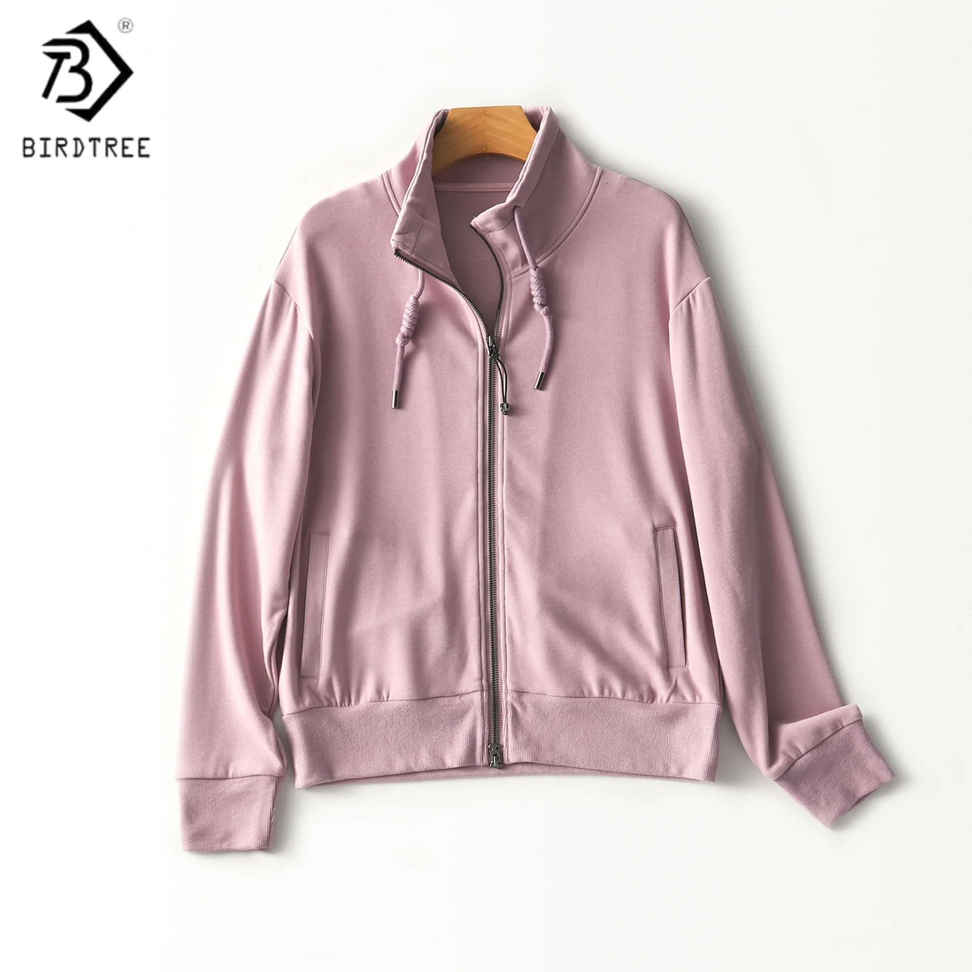 

Birdtree,Cashmere Blended Zipper Solid Sweatshirt,Woman Stand Collar Drawstring Tops,2025 Autumn/Winter Soft Coat T5O841JF