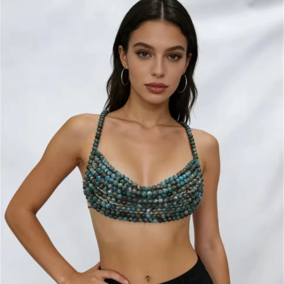 

European And American Retro Style Blue-Green Gradient Multi-Layer Beaded Camisole, Exaggerated Personality Beaded Vest For Women