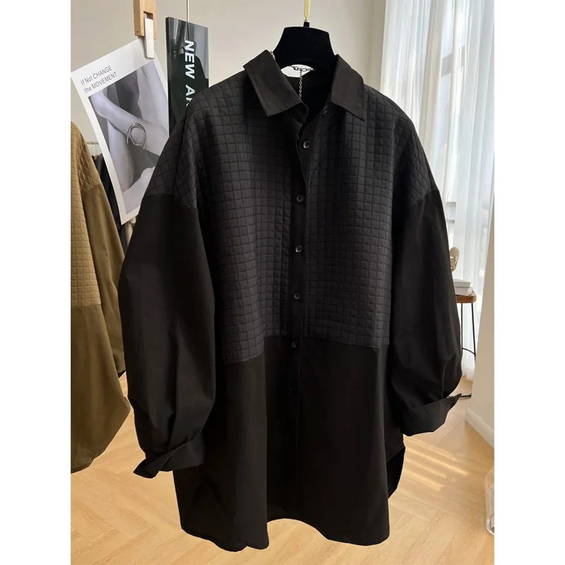 2023 New Spring and Autumn Simple Loose Casual Western Waffle Splice Fake Two Piece Polo Collar Long Sleeve Oversized Shirt