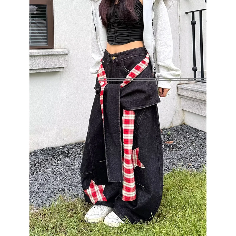 Czarne gotyckie jeansy baggy damskie w stylu japońskim Y2K z lat 2000, emo, szerokie nogawki, spodnie dżinsowe Harajuku vintage oversize, spodnie jeansowe 2025