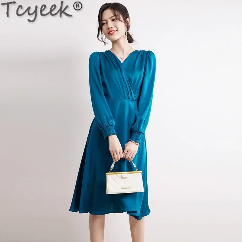 Tcyeek 91.2% Mulberry Silk Dresses for Women Clothes 19MM Real Silk Spring Summer Dress Elegant Women's DressesПлатье Женское