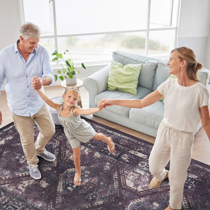 NAAR MAVAL Alfombra lavable color burdeos Alfombra de área 9x12 (Negro+Borgoña, 9'x12')