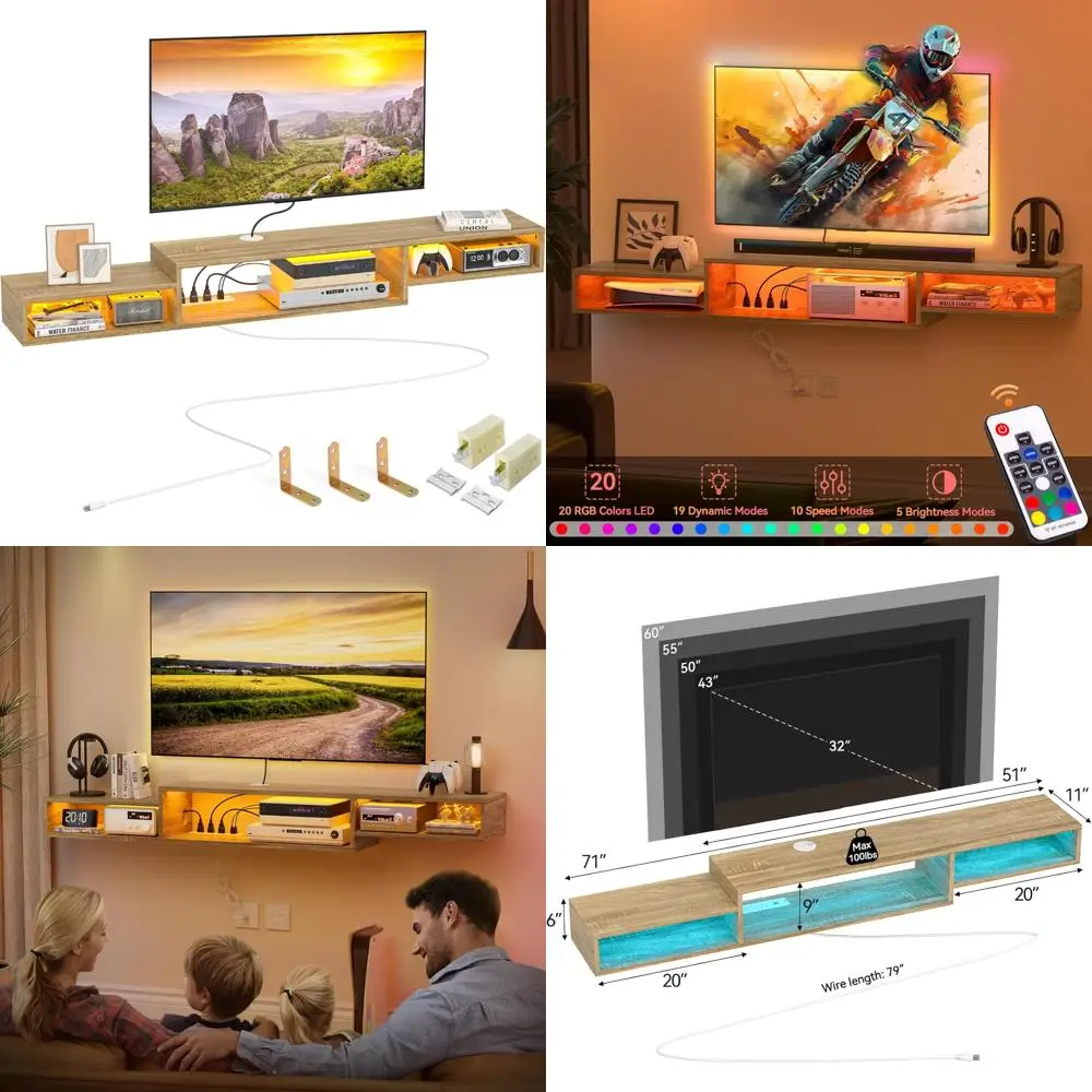 حامل تلفزيون عائم بإضاءة LED مقاس 71 بوصة مع مخرج طاقة ورف تخزين لأجهزة التلفاز المثبتة على الحائط ووحدات الوسائط والترفيه #1