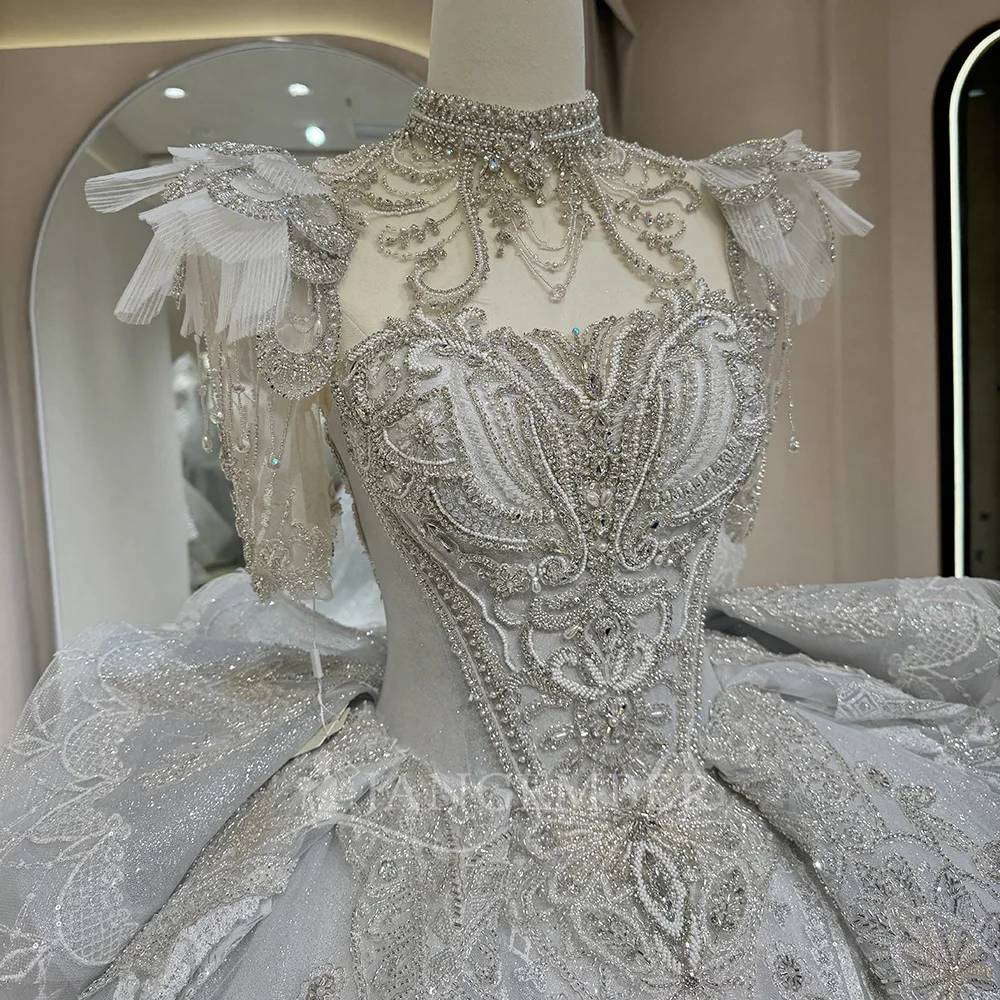 Eleganckie suknie balowe księżniczki na ślub, z wysokim kołnierzem, koronką, marszczeniami, szyte na miarę suknie ślubne z trenem،فستان حفلات