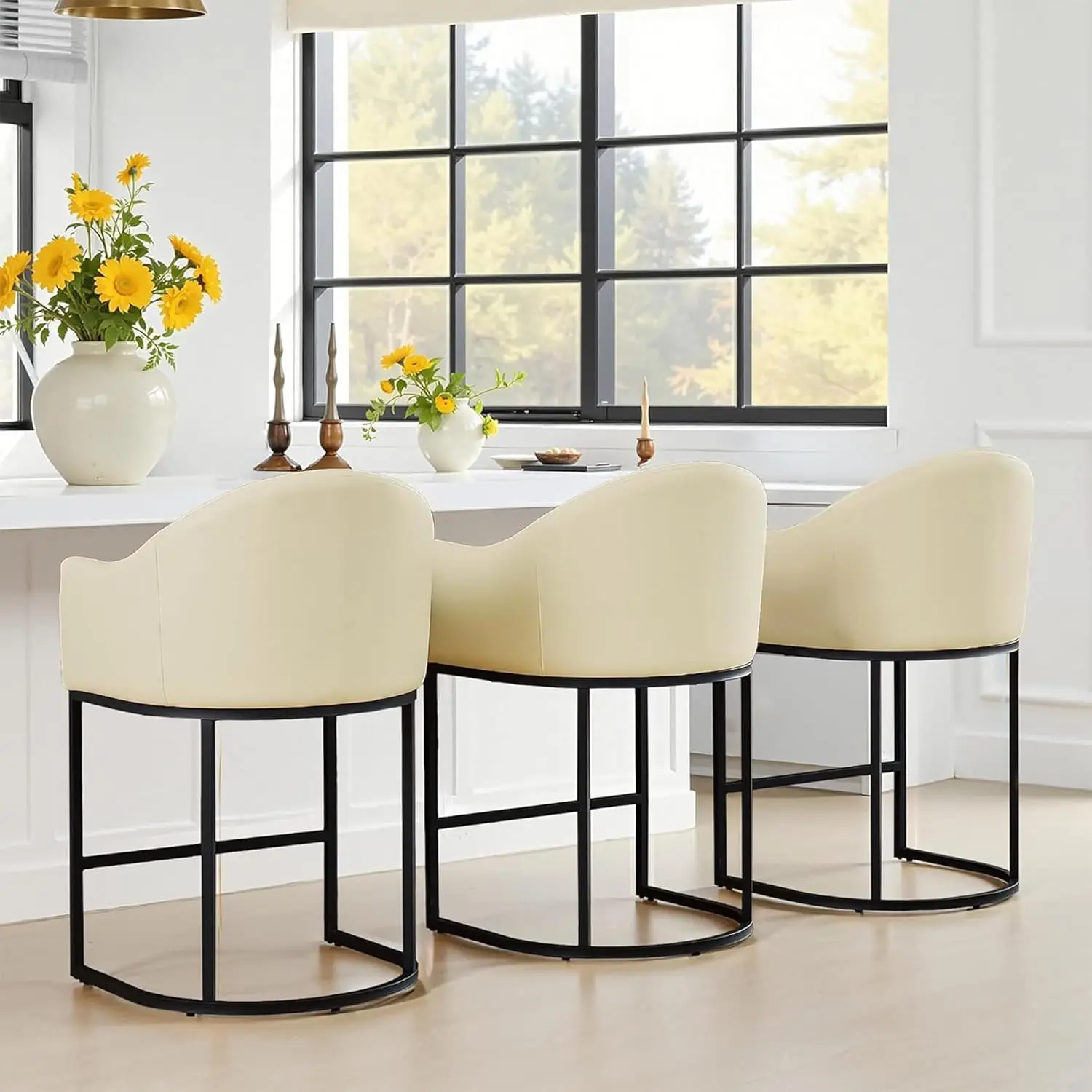 

Counter Height Bar Stools Set Of 3, 26" H Modern Barrel Stools With Arms & Backrest, PU Upholstered Kitchen Island, Customized