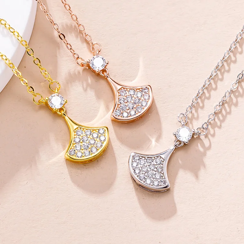 Exquisite Zircon Skirt Necklace Female Jewelry Fashion Wild 925 Silver Collarbone Chain Necklaces Simple Fan-shaped Pendant Tide