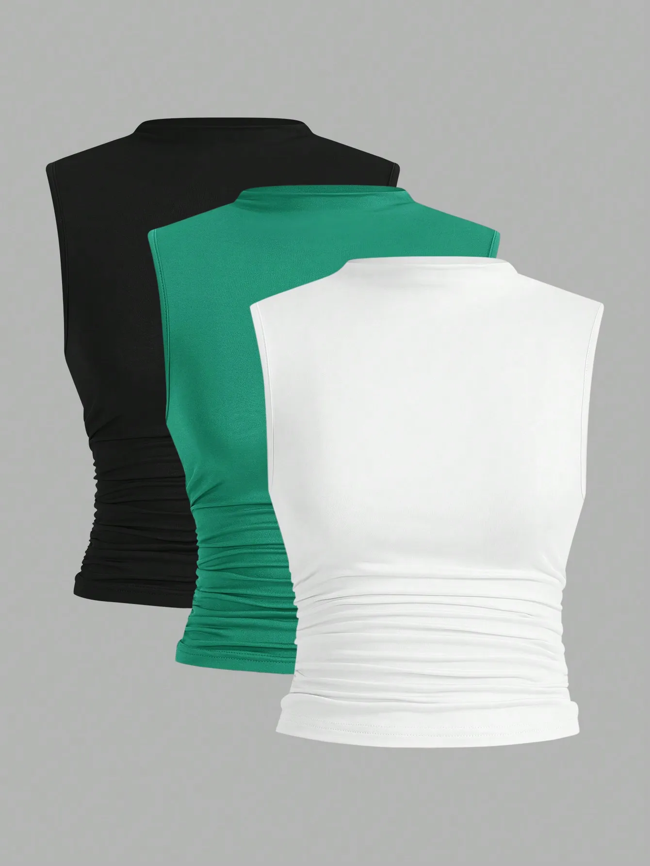 New 2024 Fashion Casual Mock Neck Ruched Tank Top for Women Summer Solid Color Pleated Sleeveless Tee Shirt Tshirt Streetwear