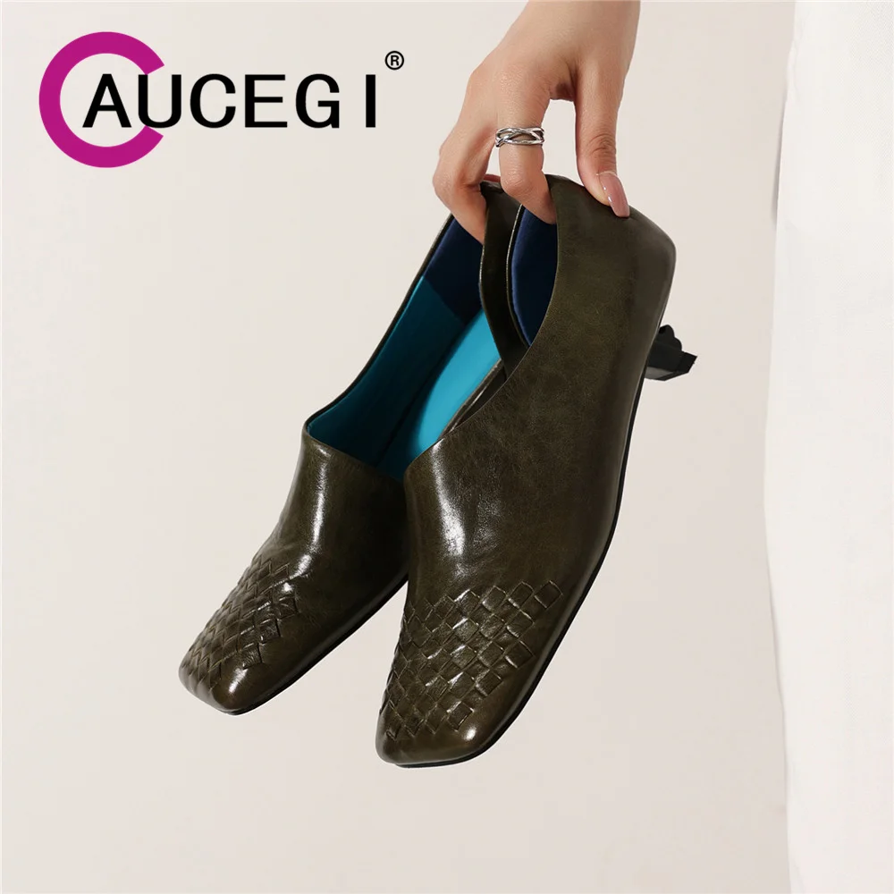 Aucegi 2026 New Mid Heel Quality Genuine Leather Braided Pump Shallow Dress Fashion Square Toe Shallow Mouth Women Office Shoes