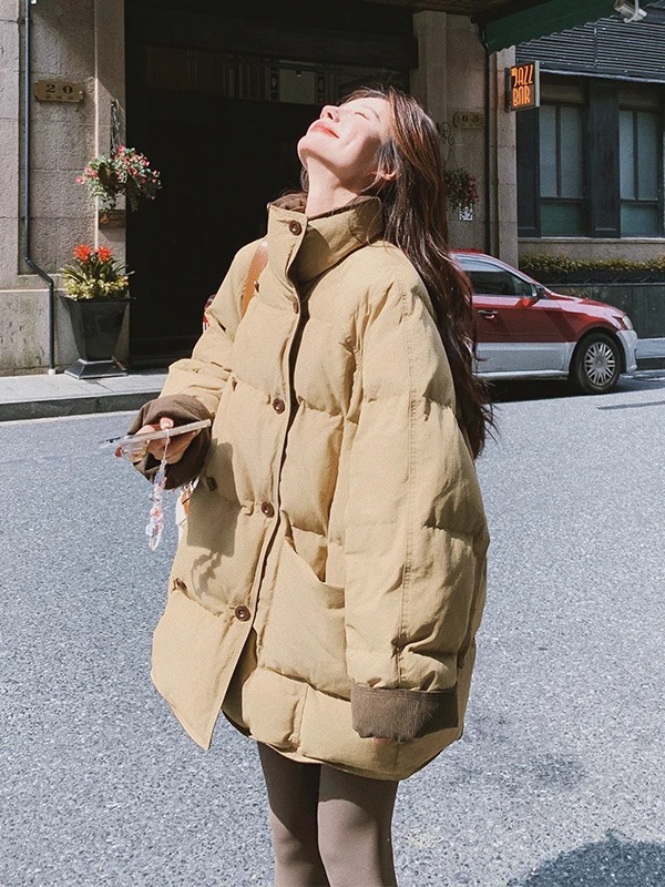 暖かさプラス レディース キルティングジャケット ダブルブレスト ルーズフィット ミッドレングス 冬用コート スリ カレッジ スリ スリミング アウターウェア