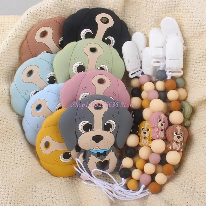 R6FD Dog Silicone Pacifier Clip with Teether Set Teething Soother Toy