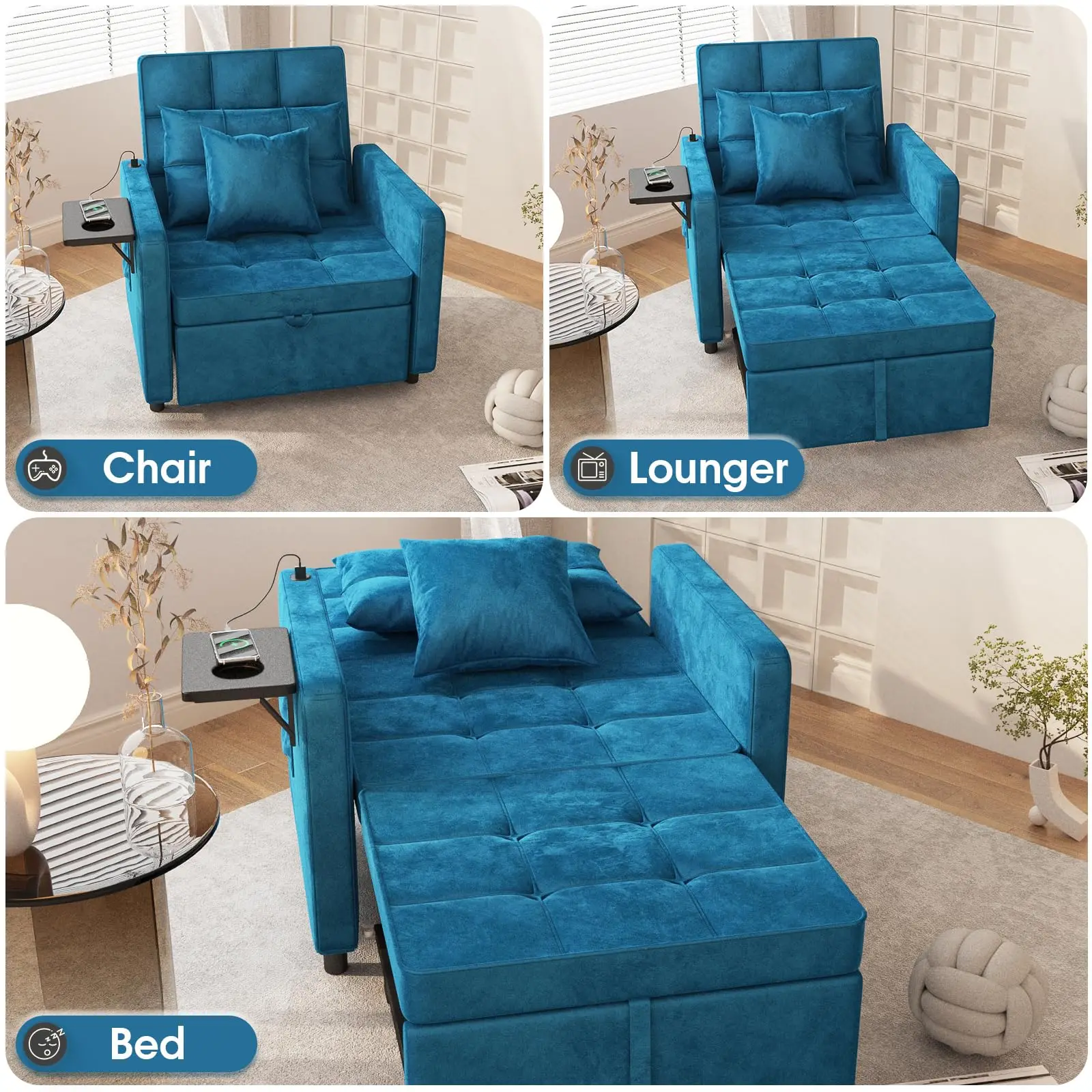 Vabches Velvet Chaise Lounge Chair with USB Ports & Two Pillows 3-in-1 Convertible Sofa Chair for Living Room Leisures Sofa Bed image 3