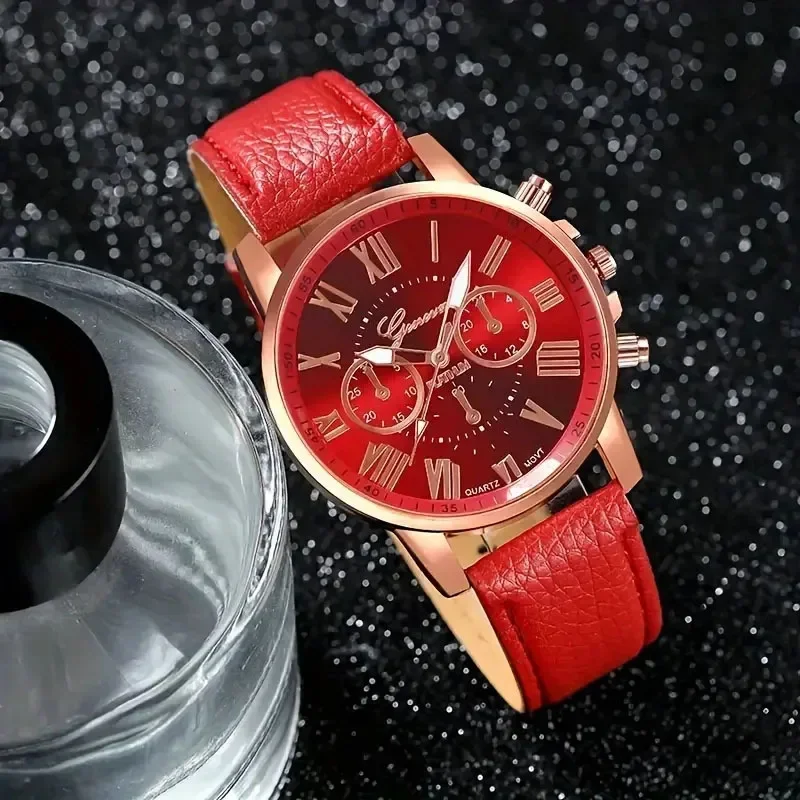 

Набор из 6 предметов: женские модные кварцевые часы с ремешком из искусственной кожи, колье с стразами, серьги, кольцо и браслет — подарок для друзей.