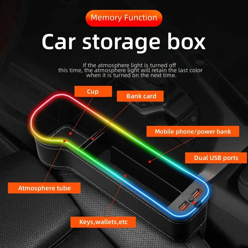 

Car Seat Gap Storage Box Rechargeable USB With Lights Leather Accessories Large Capacity Storage Box