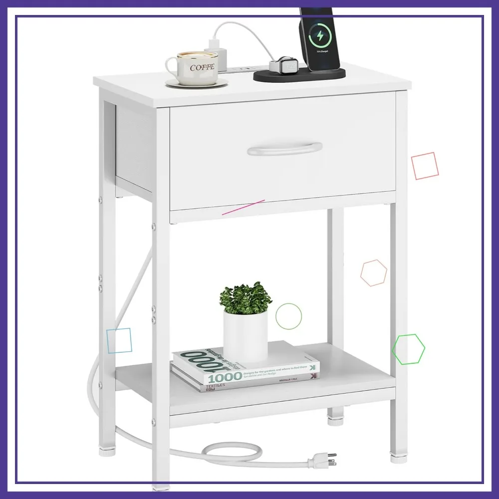 

Белая тумбочка с зарядной станцией, тканевым ящиком, двухуровневыми полками, приставной столик высотой 25,4 дюйма для спальни и гостиной