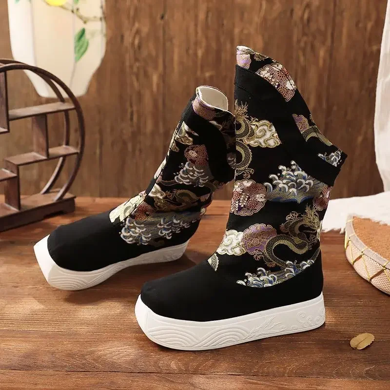 

Chinese Hanfu Embroidered Boots Shoes Men Vintage Hanfu High Heighten Black Bow Soap Boots Shoes For Men Women Plus Size 44#