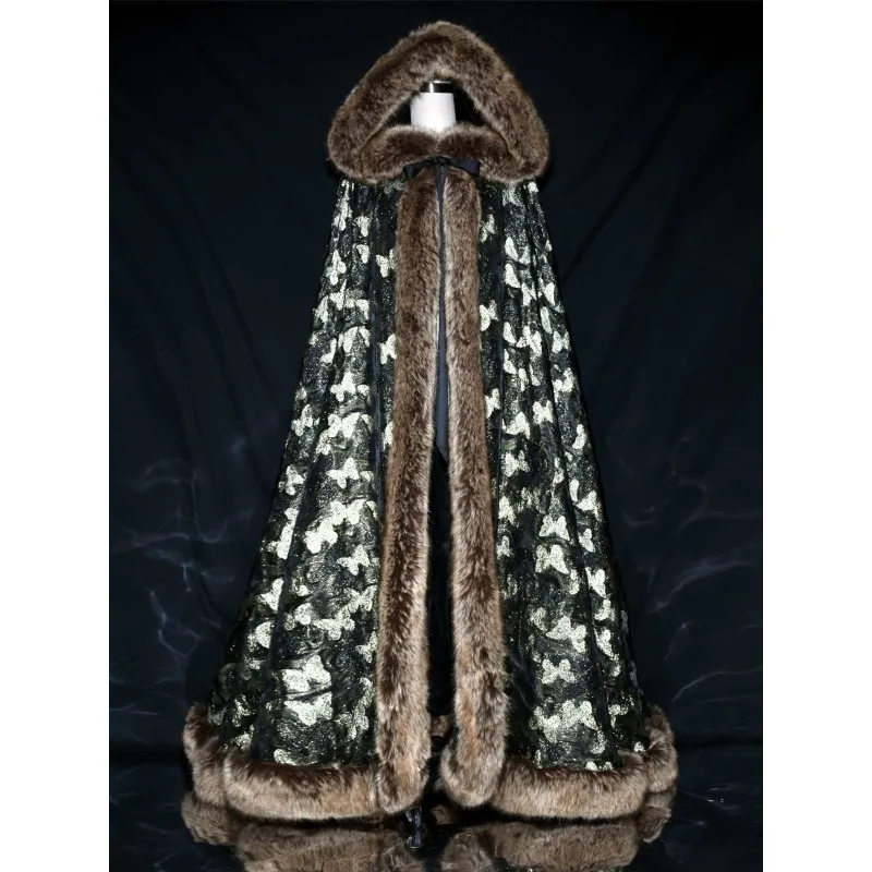 

Men's and Women's Unisex Hanfu Cape Winter Long Ancient Costume Coat New Style Cape with Fleece Thickened Warmth Hat and Shawl