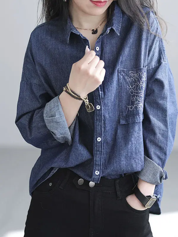 

Retro Japanese Style Women's Denim Shirt Loose Long Sleeve Embroidered Thin Cardigan Short Outerwear Spring Summer Fashion