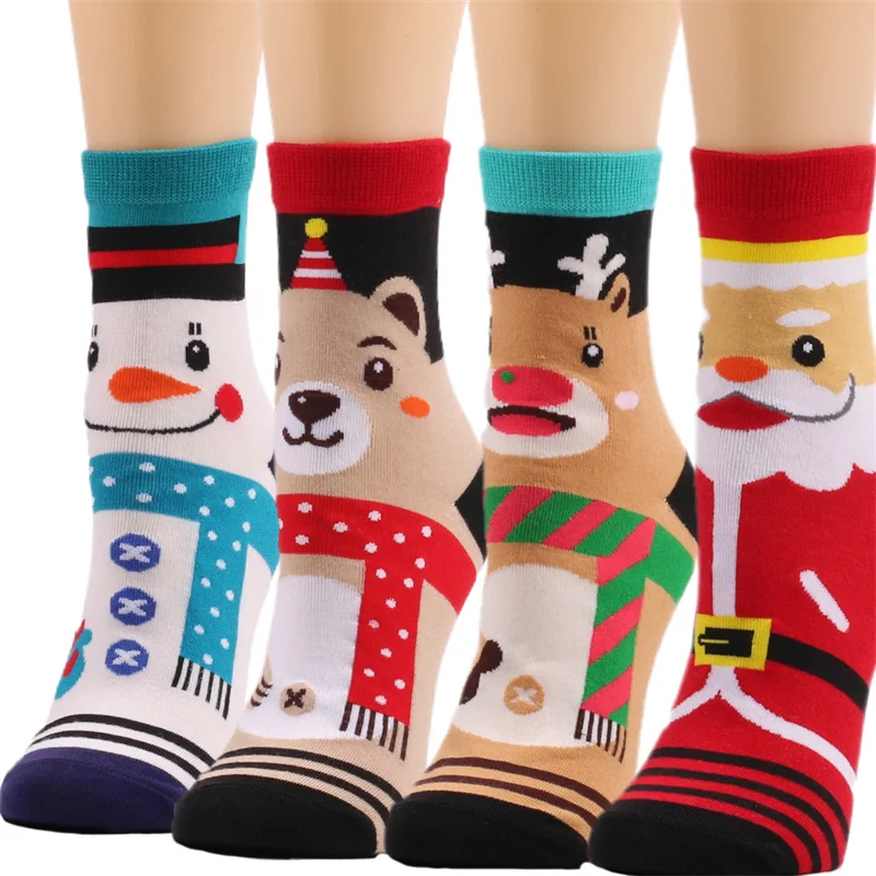 4Pairs Women Cotton Socks Fun Santa Claus Snowman Patterned Female Ladies Colorful Lovely Cartoon Anime Socks Christmas Gift