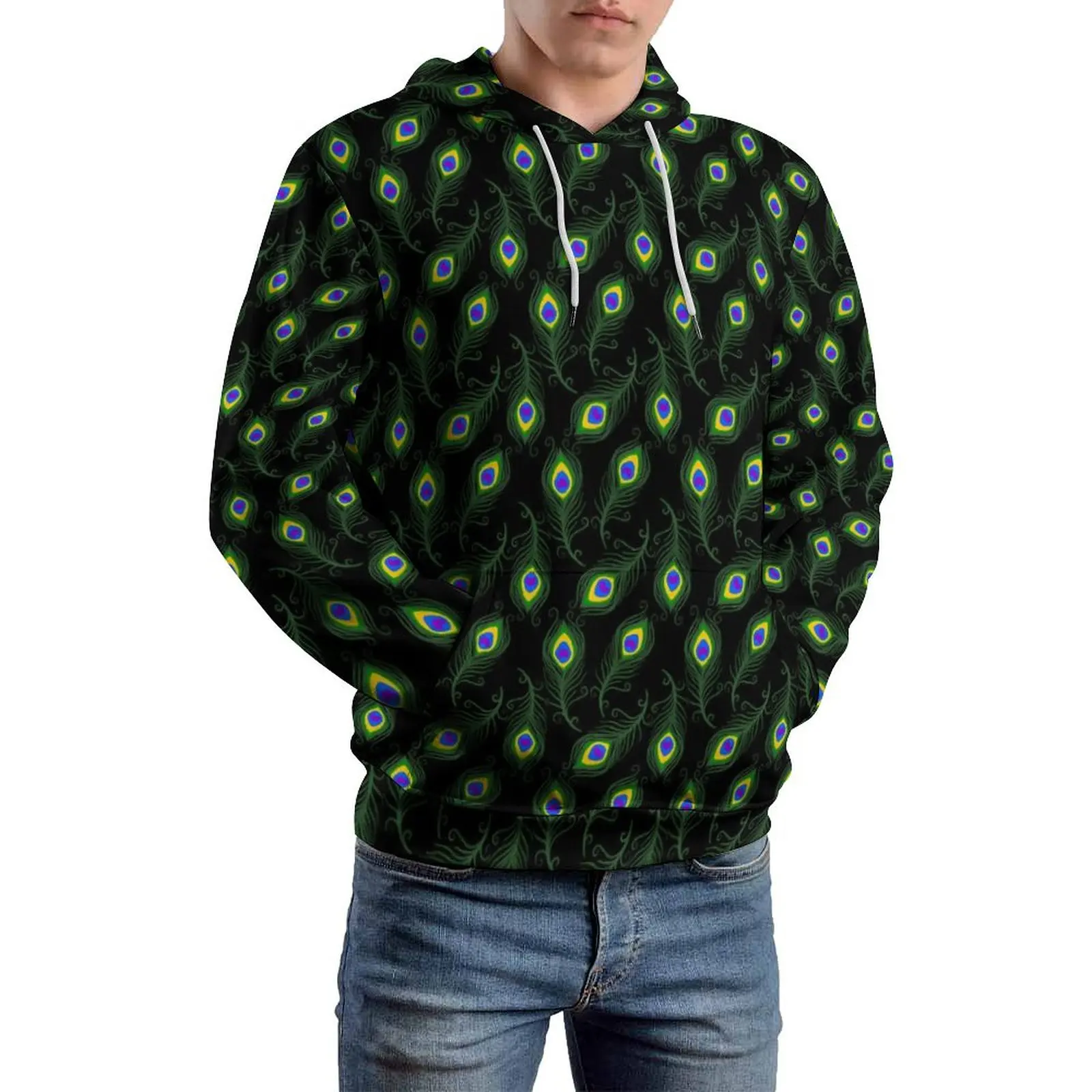 Peacock Feathers Casual Hoodies Men Animal Print Aesthetic Design Hooded Sweatshirts Spring Long-Sleeve Classic Oversized Hoodie