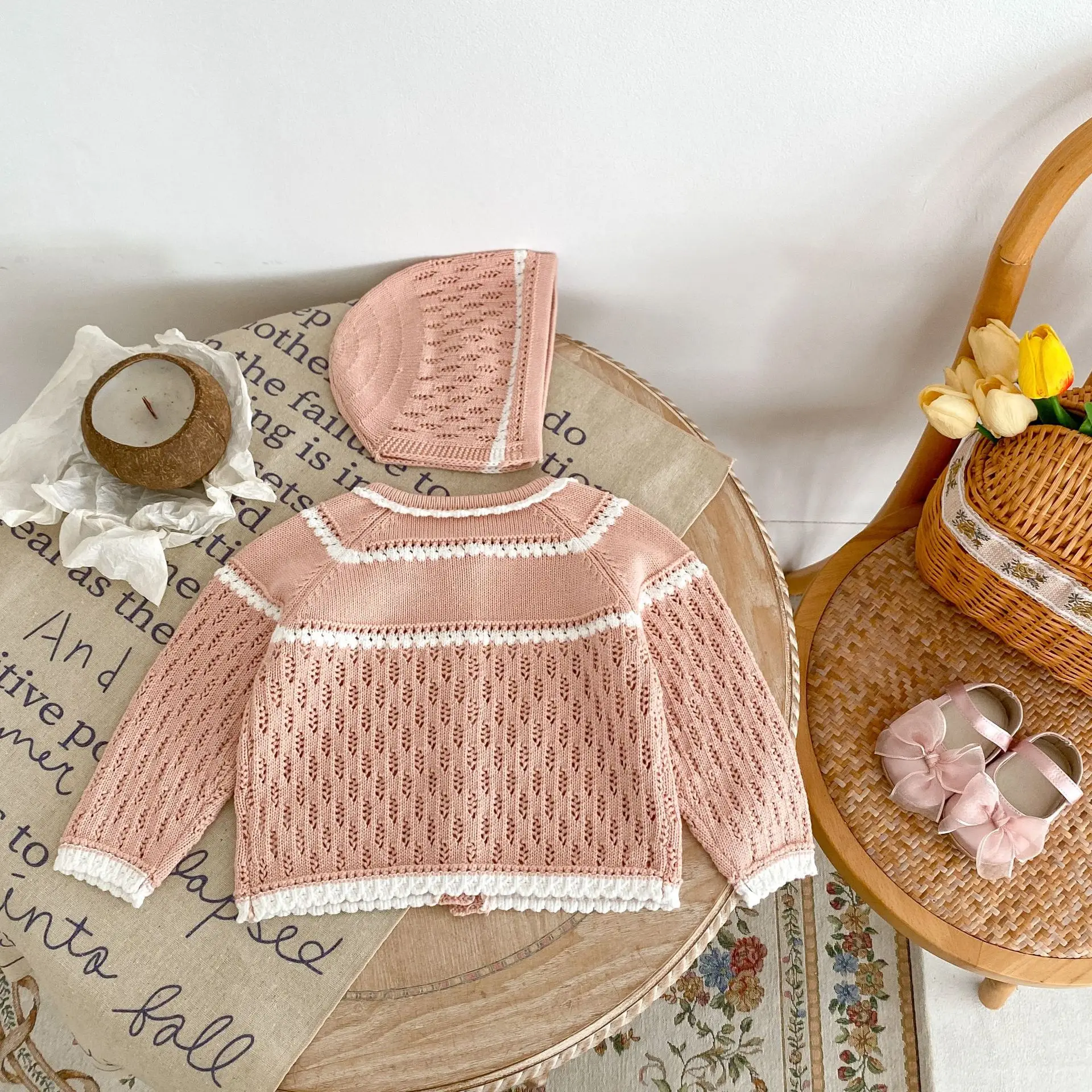 Spring and Autumn New Female Baby Hollow Colored Contrast Versatile Knitted Coat and Knitted Hat 2 pieces can be sorted