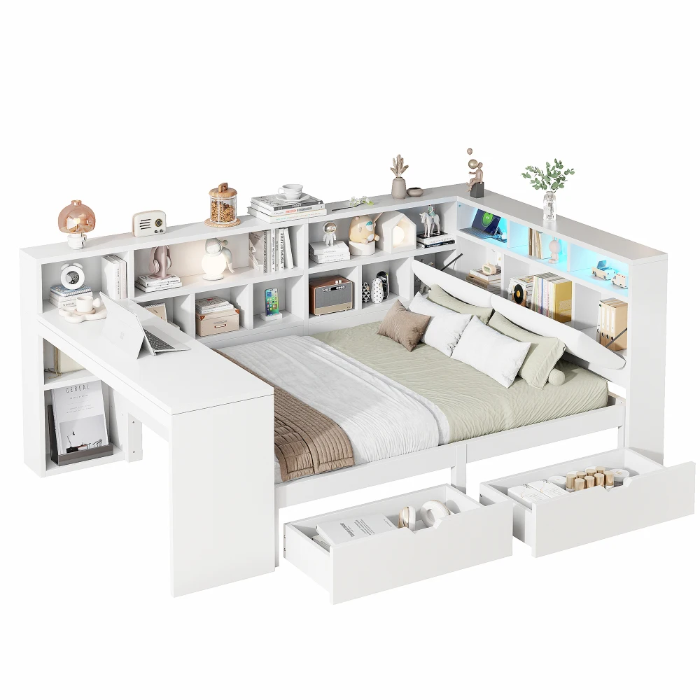 90x200 L-förmiges Plattformbett aus Holz mit Schreibtisch und Bücherregal, Eckkapitänsbett mit gepolstertem Kopfteil, Schubladen, LED-Licht – Detail 26