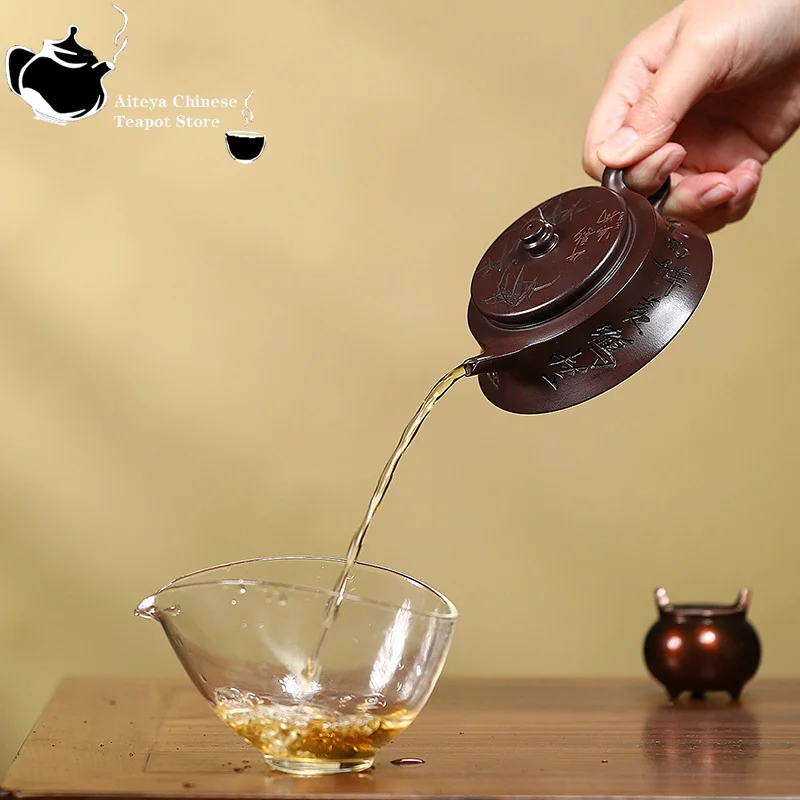 Tetera de arcilla púrpura Yixing, mineral original, arcilla púrpura antigua, sombrero de bambú estilo Ming, juego de té de Kung Fu, tetera china