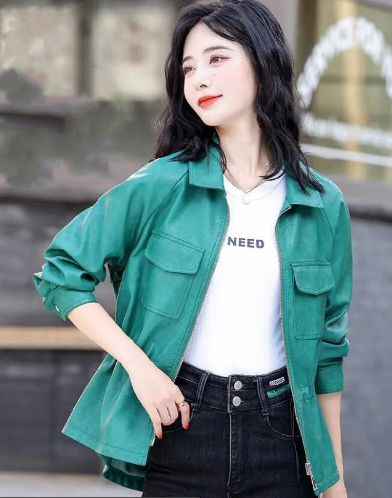 

Women Leather Jacket Spring Autumn Casual Fashion Turn-down Collar Drawstring Waist Sheep Leather Coat Slim Moto & Biker Jacket