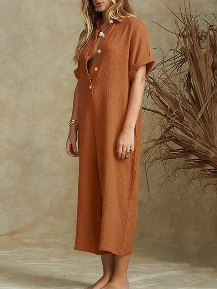 ฤดูร้อน Casual Workwear Jumpsuit เสื้อ Collart กางเกงผู้หญิงฤดูใบไม้ผลิแฟชั่น Elegant Office LADIES หลวม Jumpsuits