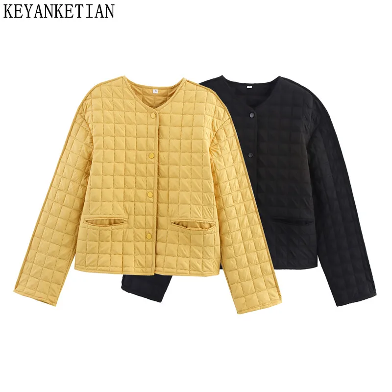 

KEYANKETIAN Новая зимняя женская однобортная куртка с круглым вырезом и карманами, хлопковая куртка с ромбовидным узором и женская куртка