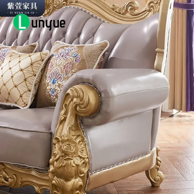 European Retro Purple Leather Sofa 123 Combination Solid Wood Frame First Layer Cowhide Elegant Living Room Furniture for