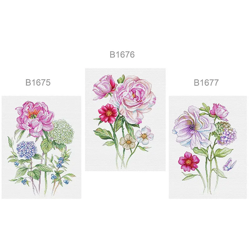 Fishxx Cross Stitch Kit Multi-Piece Handwork Embroidery B1675-1677 Paeonia And Hydrangea Bouquets Precision Printing