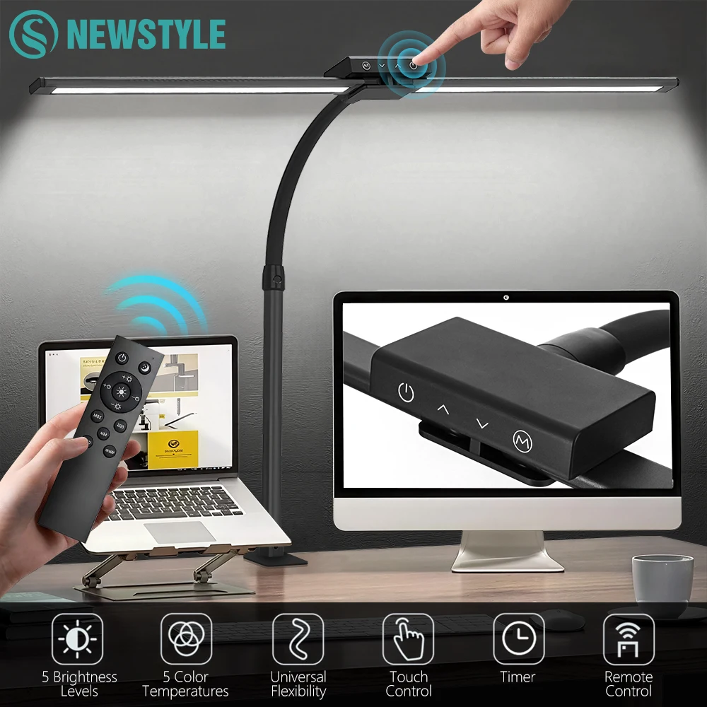 

Светодиодная настольная лампа для домашнего офиса с двойной головкой 24 Вт с зажимом Архитектурный светильник 5 яркости освещения Гибкая настольная лампа для чтения на гибкой стойке