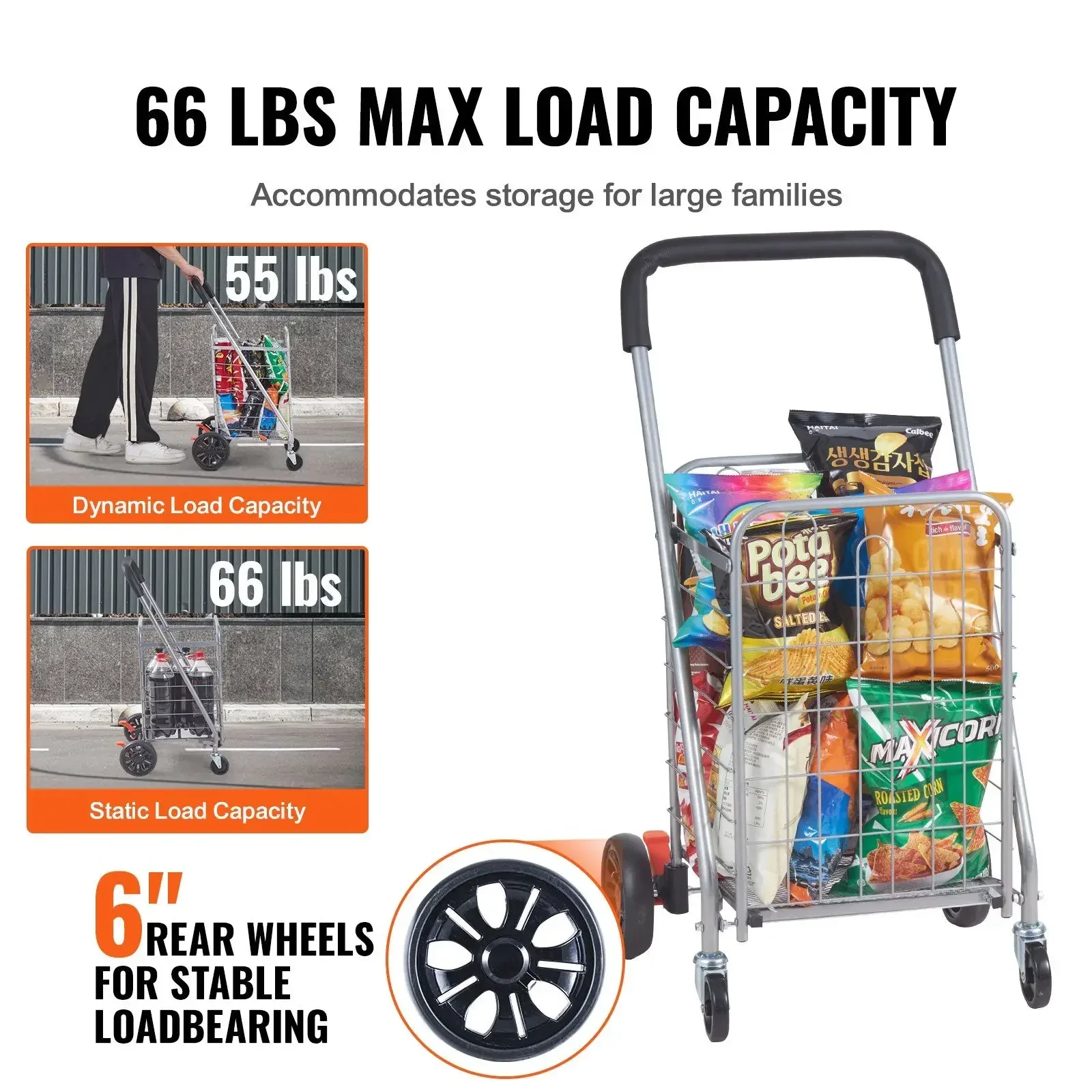 

Collapsible Shopping Cart w/ Swivel Wheels - 66lbs Load, Heavy Duty for Grocery/Luggage/Laundry, Foldable Storage