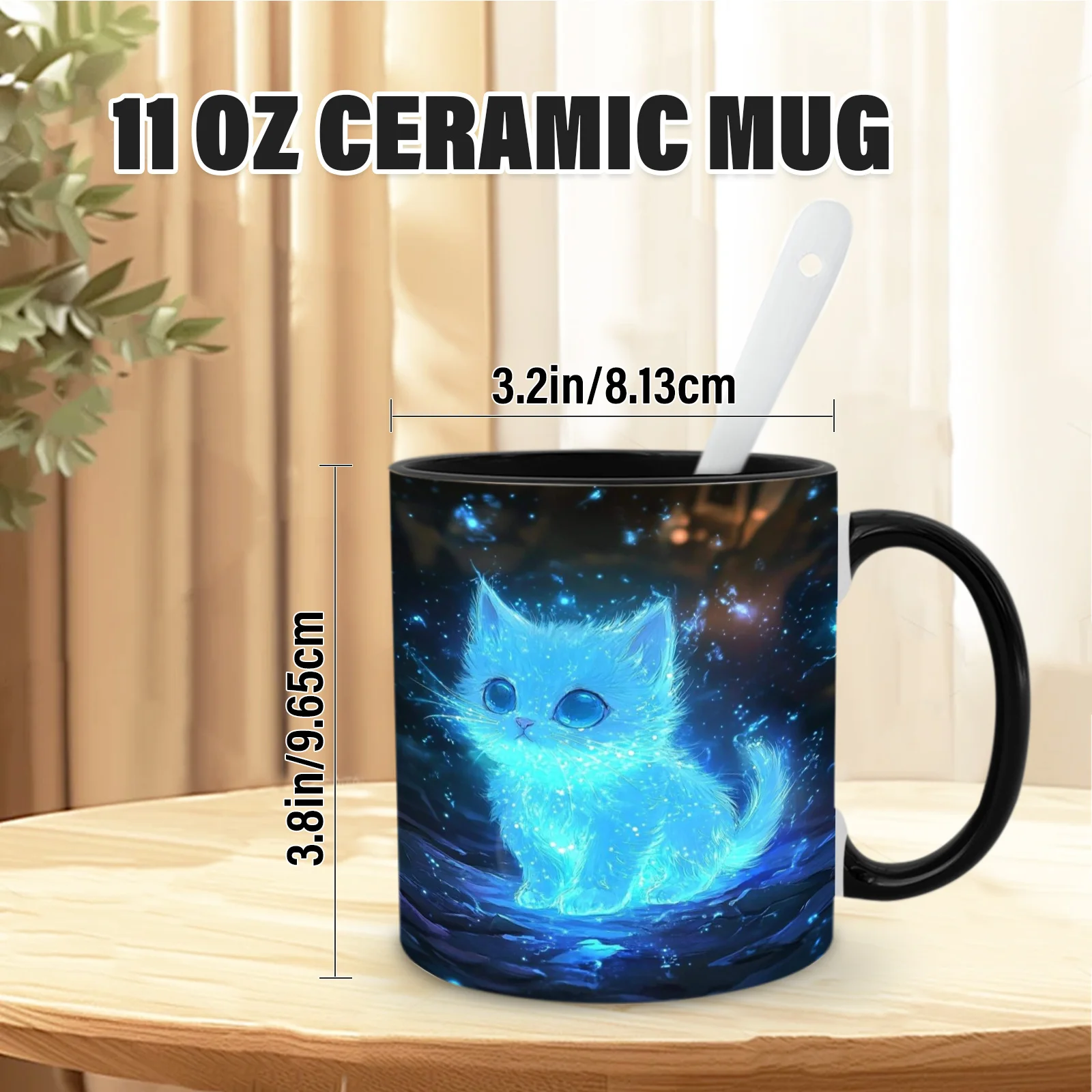 1pc Glowing Cat Mug with Light Up Kitten Night Sky Stars 11oz Neon Blue Glow in The Dark Ceramic Cup Double Layer Insulation Cut