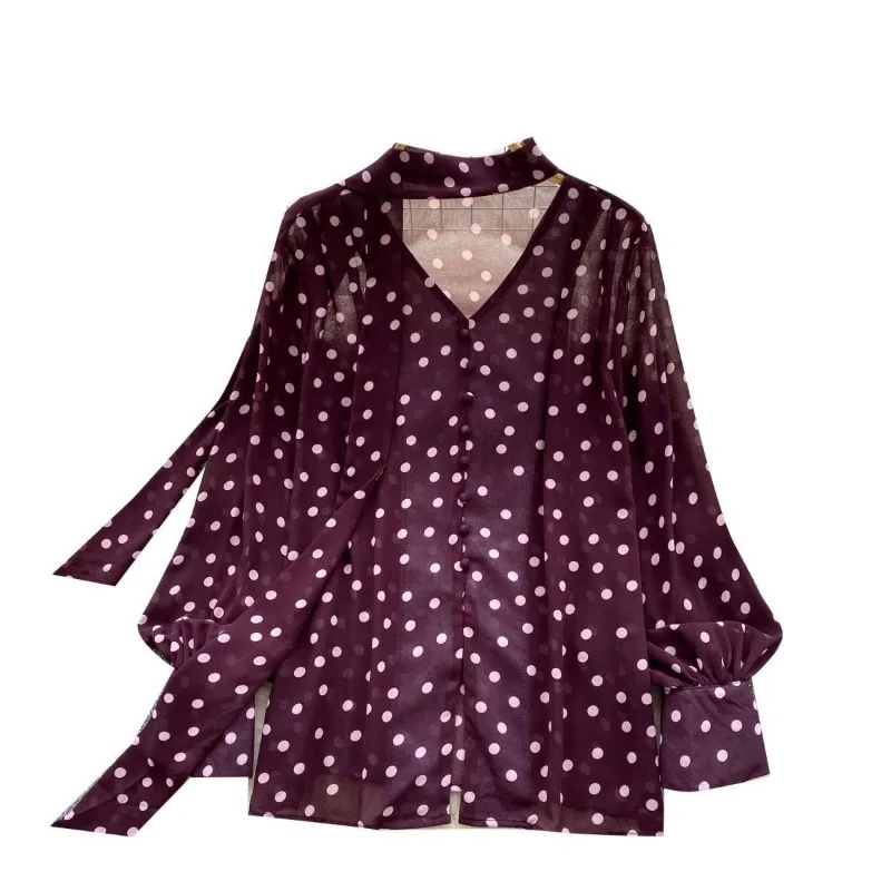 Koreanischen Stil Retro Polka Dot Laterne Hülse Hemd für Frauen Herbst Dünne Streamer Lose Beiläufige Taste Spleißen Pullover Top