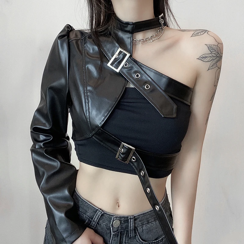 PU Leather Women Punk Style Crop Tops Cool Single Long Sleeve Neck Hanger Leather Belt Connected Tops Women Clothing